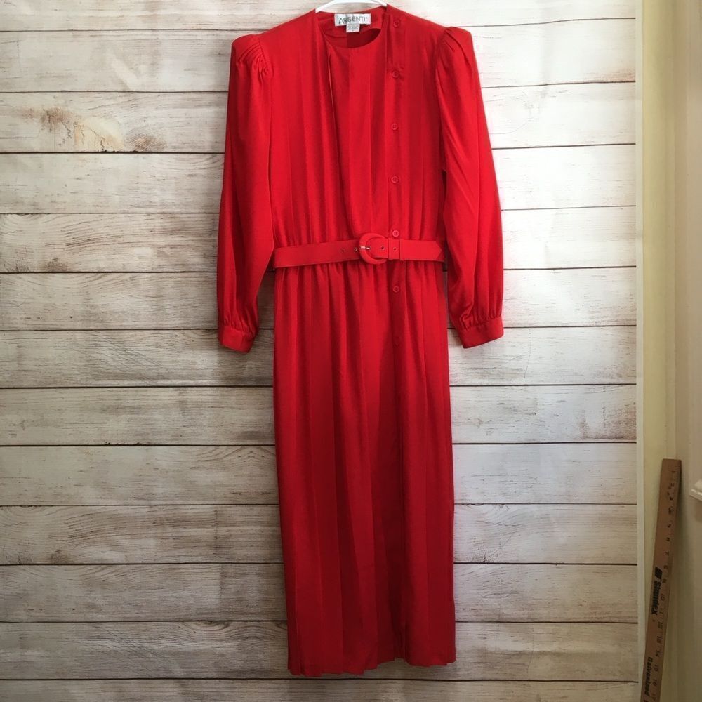VINTAGE ARGENTI 100% SILK PLEATED MAXI DRESS IN‎ RED
